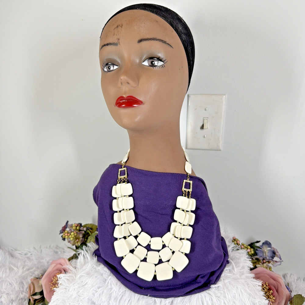 Cream White Chunky Statement Necklace Multi Strand Square Beads Rhinestone Bib